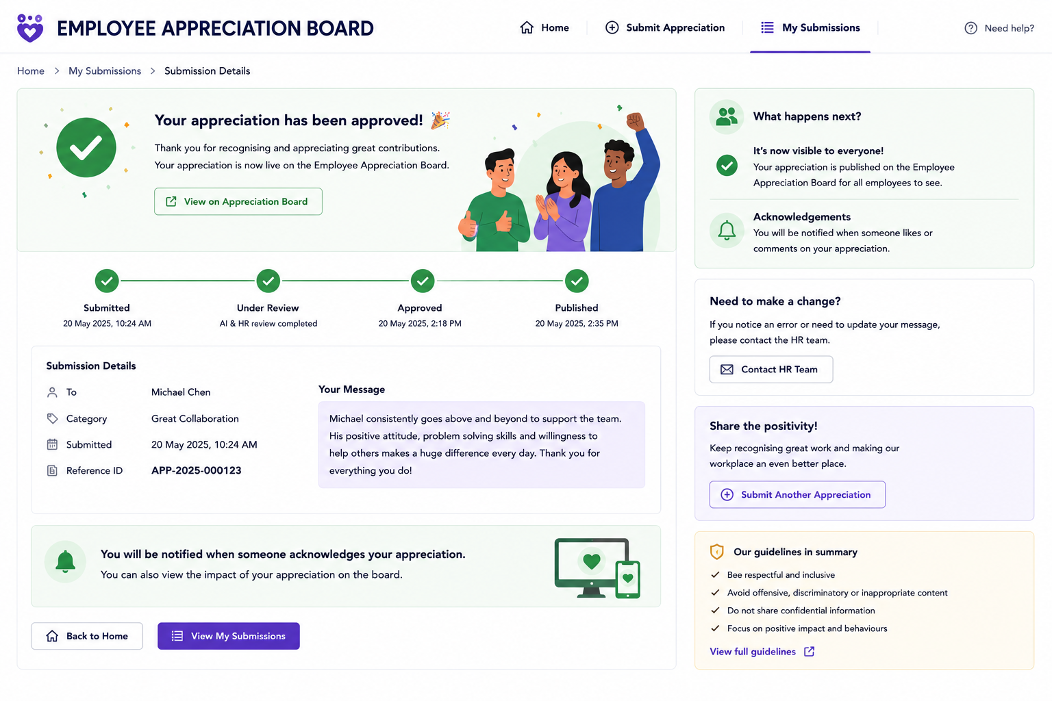 Employee Appreciation Board approved appreciation screen